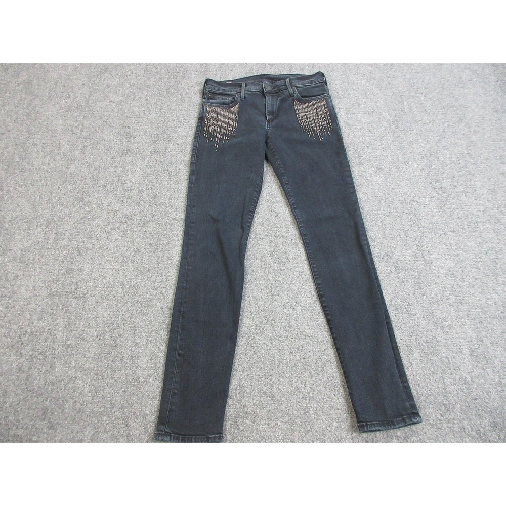True Religion Halle Jeans Womens 27 Blue Mid Rise Super Skinny Studded Denim USA